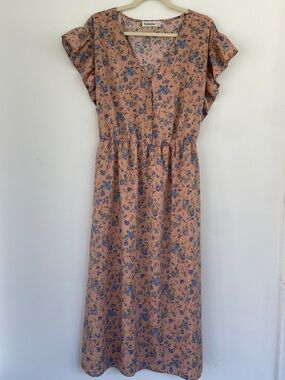 Nemidor Peach Maxi Dress Cottage Core Milk Maid Blue Pink Floral Print US 24